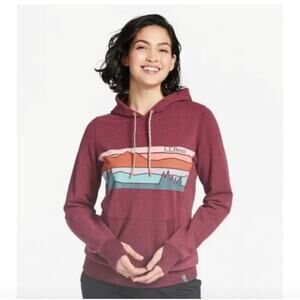 L.L.Bean Cozy Camp Hoodie Sweatshirt Small Burgundy Mountain Scene